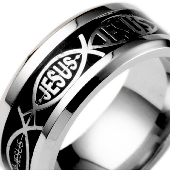 MENS SILVER & BLACK JESUS RING - Picture 1 of 2